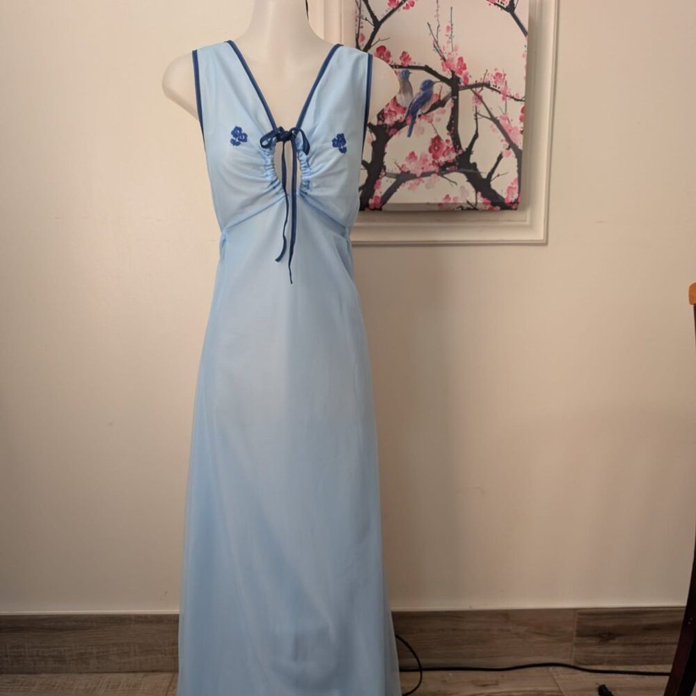 Vintage Sheer Blue Nylon Nightgown Dress Poland L Flowy Tie Front